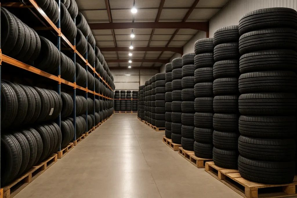 Bulk tyre warehouse with stacked tyres on pallets