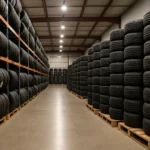 Bulk tyre warehouse with stacked tyres on pallets
