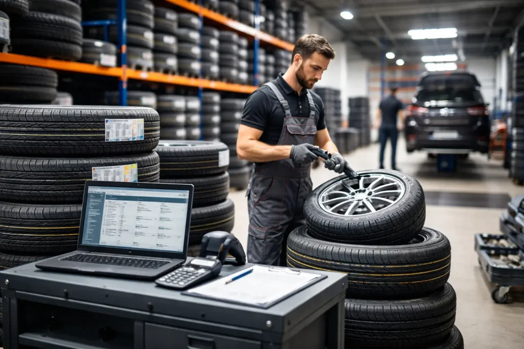 Mechanic scanning tyres in a garage with stacked new tyres and workstation, showing tyre wholesale and profit margin management