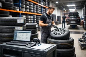 Mechanic scanning tyres in a garage with stacked new tyres and workstation, showing tyre wholesale and profit margin management