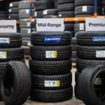 Stacks of tyres in a warehouse showing economy, mid-range, and premium tyre brands for trade customers in 2026