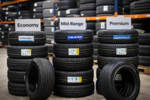 Stacks of tyres in a warehouse showing economy, mid-range, and premium tyre brands for trade customers in 2026