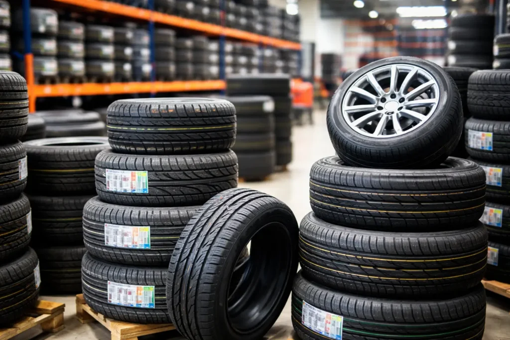 Stacked car and van tyres in a UK wholesale warehouse, showing various sizes and types