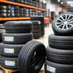 Stacked car and van tyres in a UK wholesale warehouse, showing various sizes and types