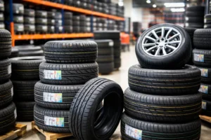 Stacked car and van tyres in a UK wholesale warehouse, showing various sizes and types
