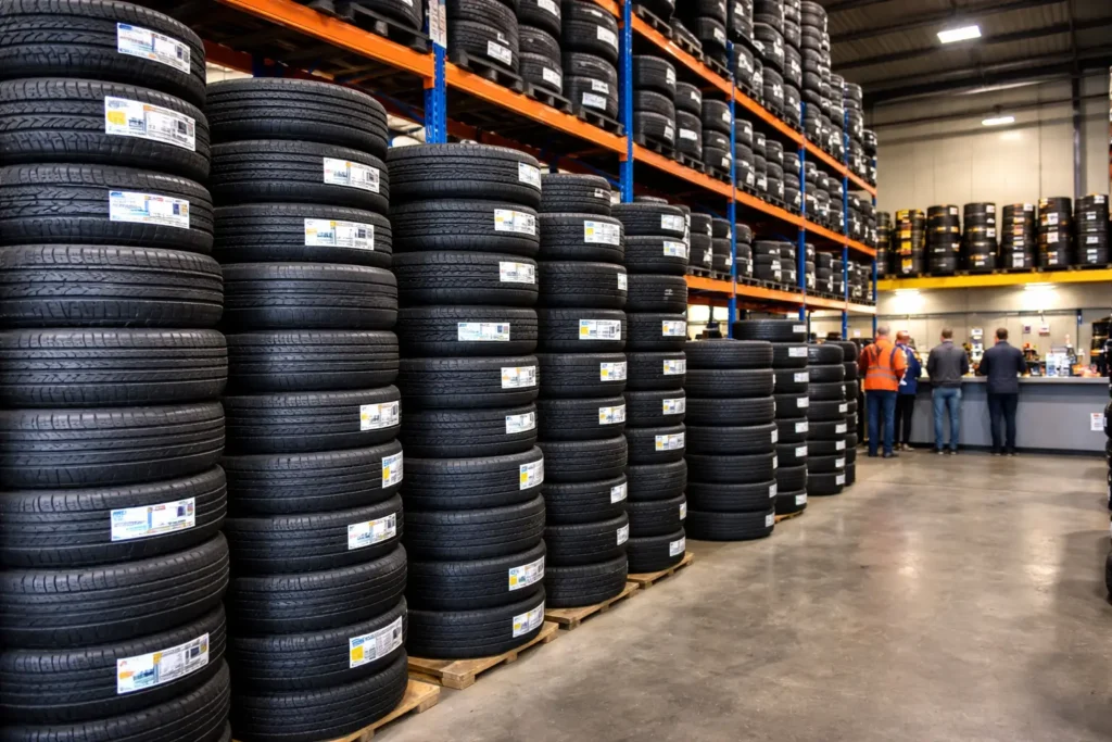 tyres stacked in a wholesale warehouse