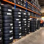 tyres stacked in a wholesale warehouse