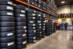 tyres stacked in a wholesale warehouse