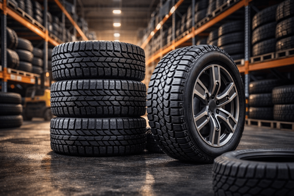 large SUV tyres stacked in a tyre warehouse