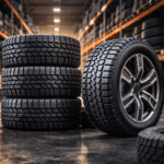 large SUV tyres stacked in a tyre warehouse