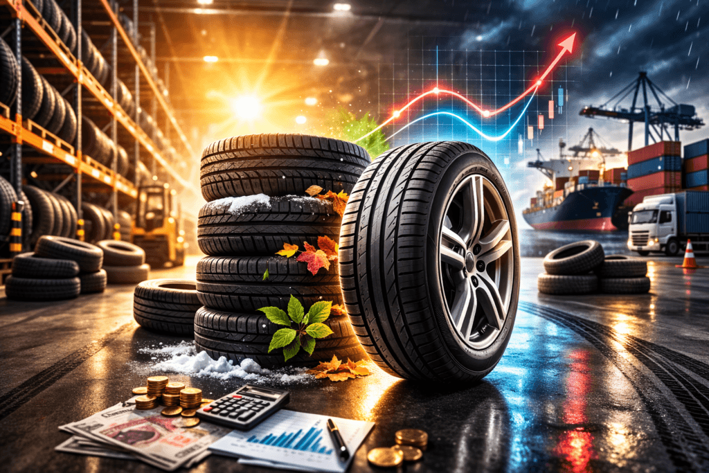 stacks of car tyres inside a warehouse with delivery truck in background