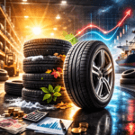 stacks of car tyres inside a warehouse with delivery truck in background