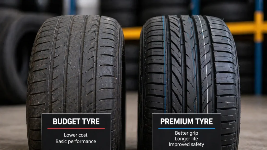 two car tyres showing difference in tread quality and design