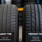 two car tyres showing difference in tread quality and design
