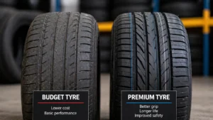 two car tyres showing difference in tread quality and design