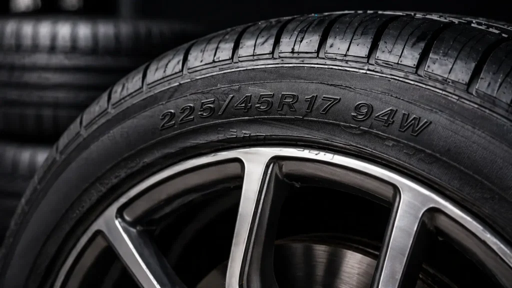 close up of tyre sidewall showing size load index and speed rating
