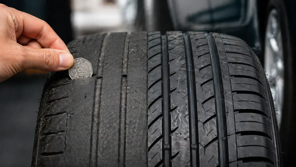 close up of worn car tyre tread showing low tread depth