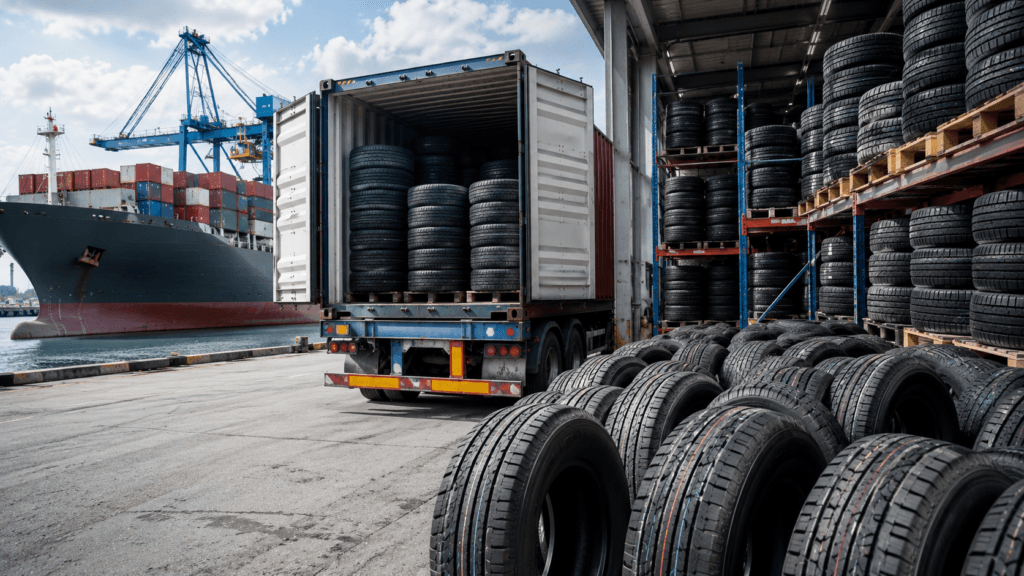 large tyre warehouse with shipping containers and stacked tyres