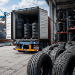 large tyre warehouse with shipping containers and stacked tyres