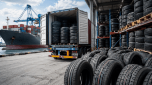 large tyre warehouse with shipping containers and stacked tyres
