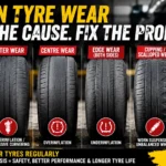 close up of car tyre showing uneven tread wear