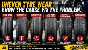 close up of car tyre showing uneven tread wear