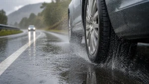 car tyre driving on wet road with water spray